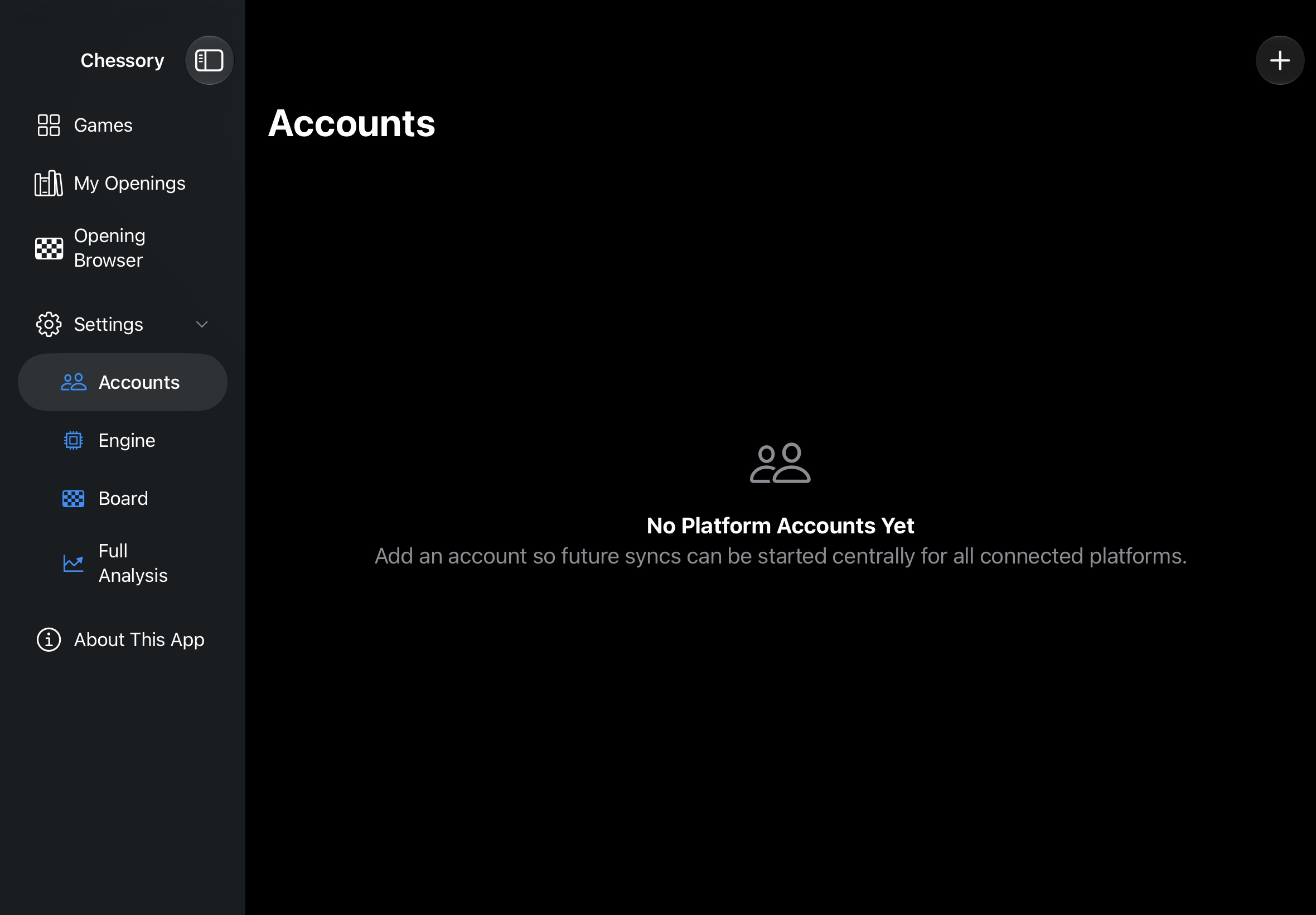 Chessory: Settings, Accounts in der Seitenleiste