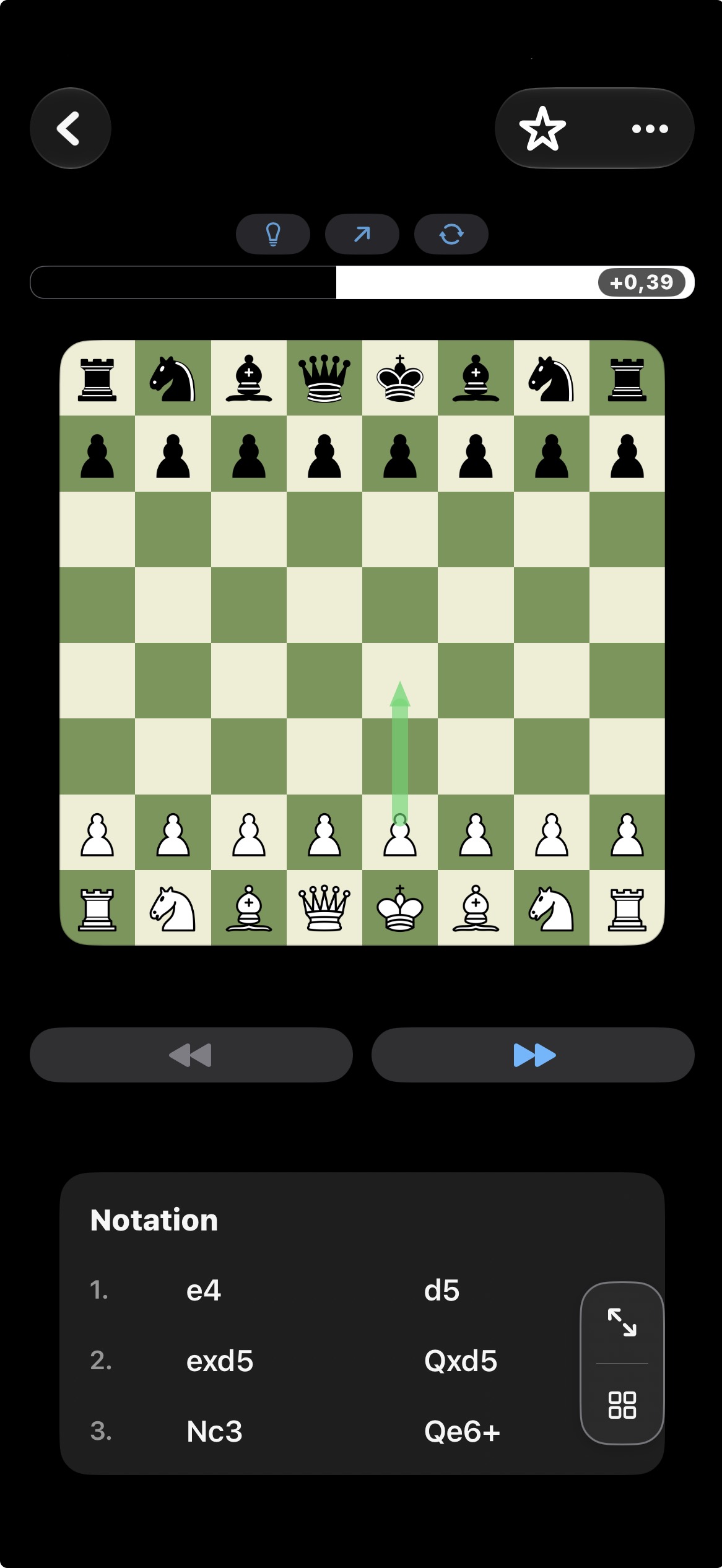 Chessory auf dem iPhone: eine Partie mit Notation und Bewertungsbalken